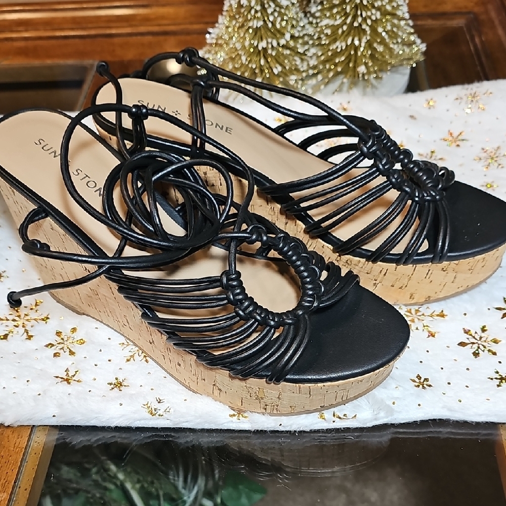 Sun + Stone Black Wedges with Cork Base